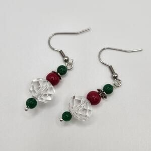 Handmade Earrings with Crystal, Red Coral, and Moonstone – 2" Dangle